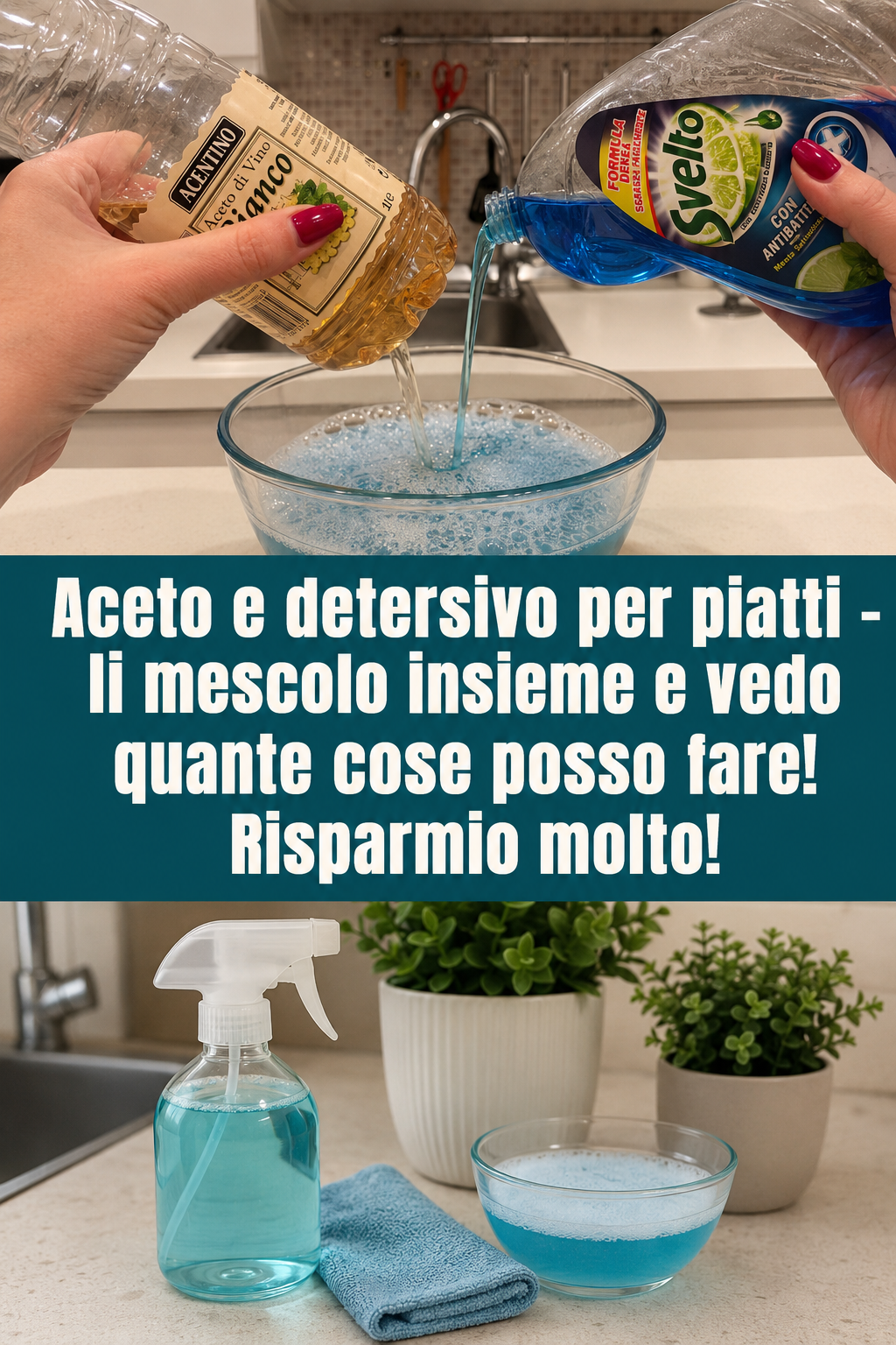 Aceto e detersivo per piatti – li mescolo insieme e vedo quante cose posso fare! Risparmio molto!