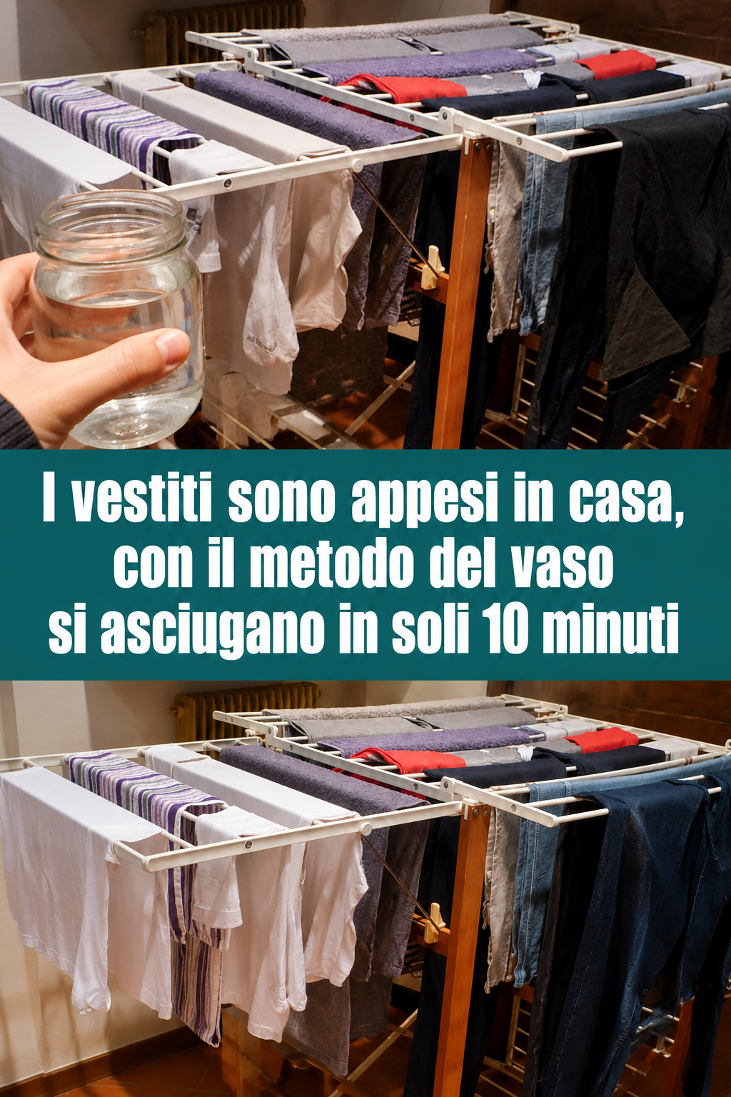 I vestiti sono appesi in casa, con il metodo del vaso si asciugano in soli 10 minuti