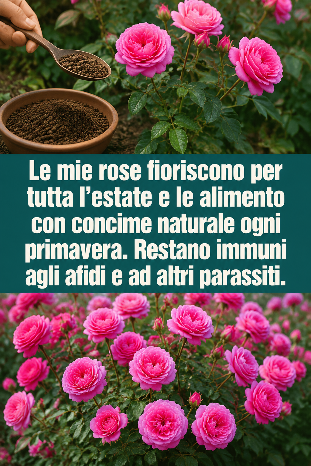 Le mie rose fioriscono per tutta l’estate e le alimento con concime naturale ogni primavera. Restano immuni agli afidi e ad altri parassiti.