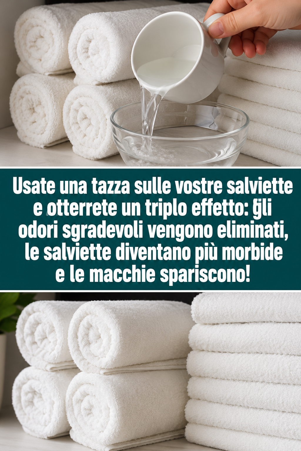 Usate una tazza sulle vostre salviette e otterrete un triplo effetto: gli odori sgradevoli vengono eliminati, le salviette diventano più morbide e le macchie spariscono!